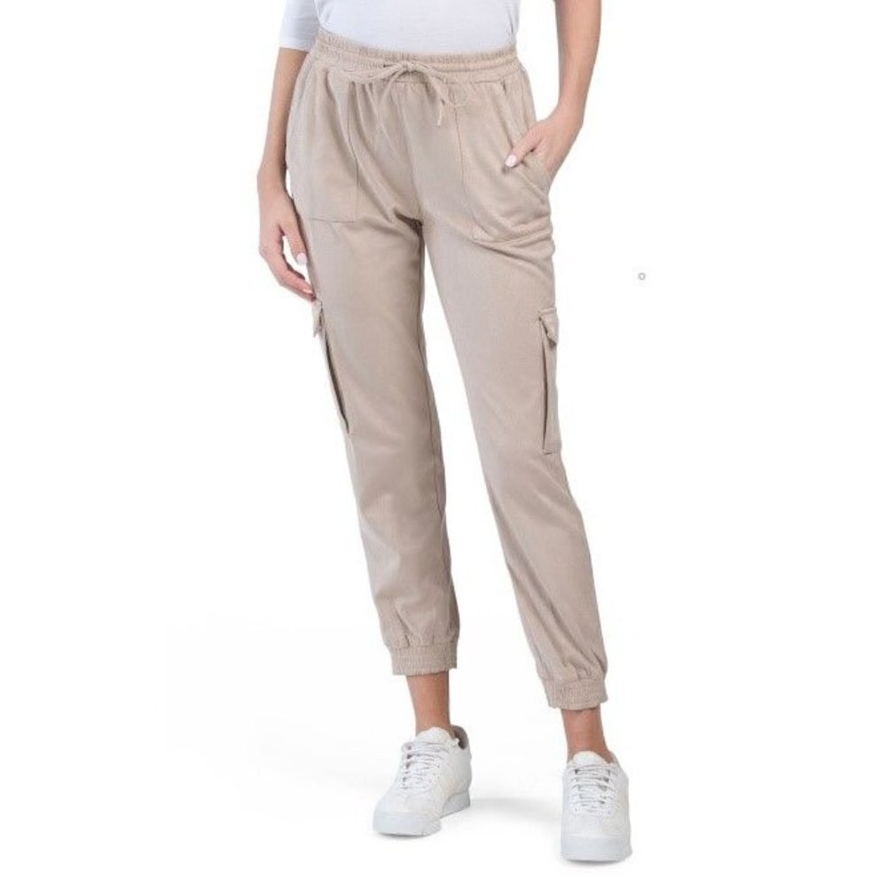 Relaxed Faux Suede Cargo Joggers Pants Pockets Beige Women Size M